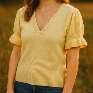 Torrid Butter Yellow Vegan Cashmere Pullover V-Neck Ruffle Sleeve Sweater